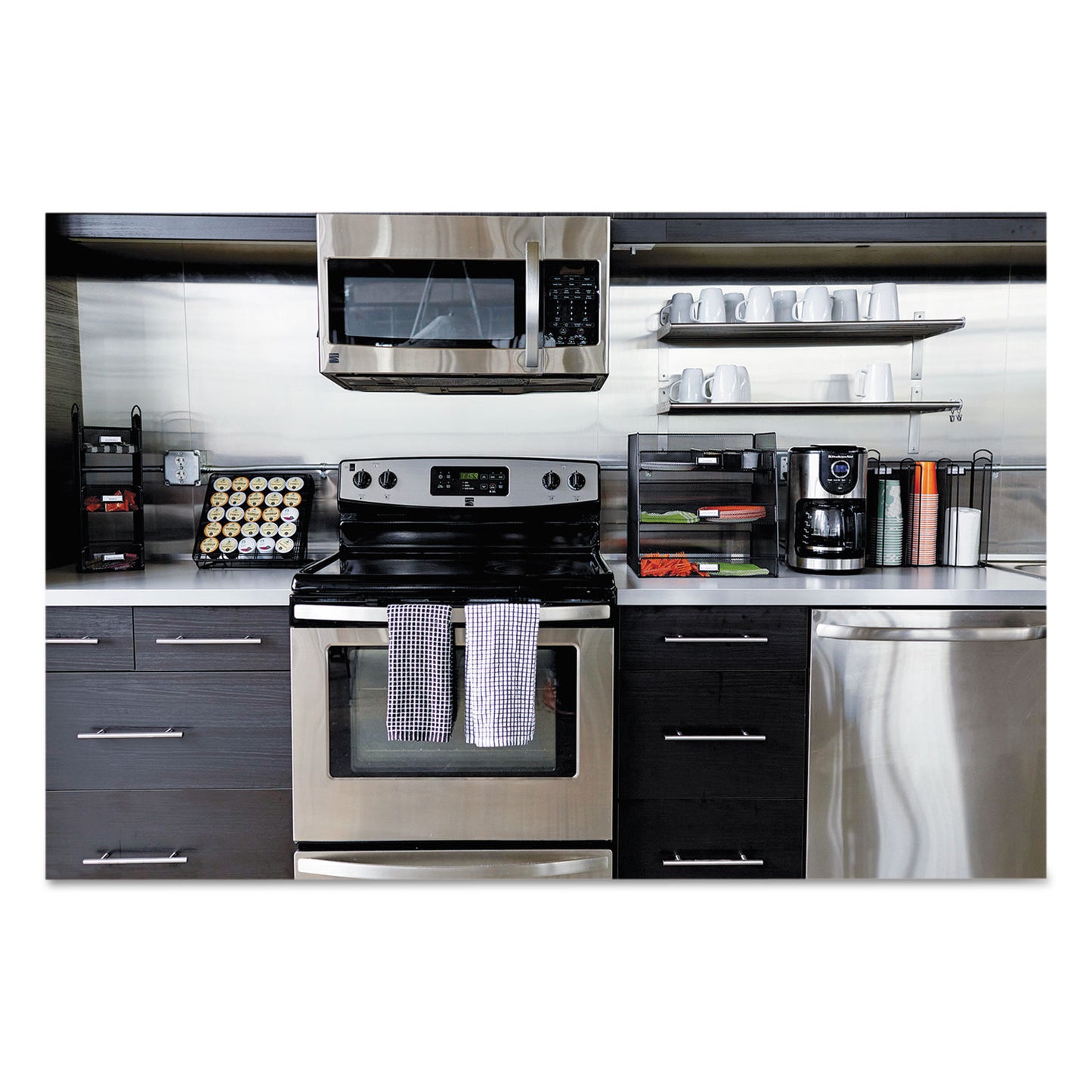 Onyx Breakroom Organizers, 3 Compartments, 12.75 x 4.5 x 13.25, Steel Mesh, Black