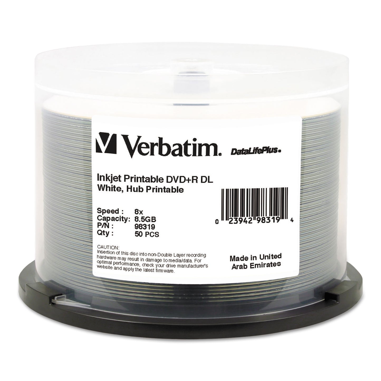 Dvd+r Dual Layer Printable Recordable Disc, 8.5 Gb, 8x, Spindle, White, 50/pack