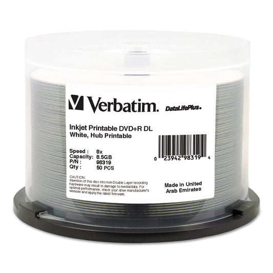 Dvd+r Dual Layer Printable Recordable Disc, 8.5 Gb, 8x, Spindle, White, 50/pack