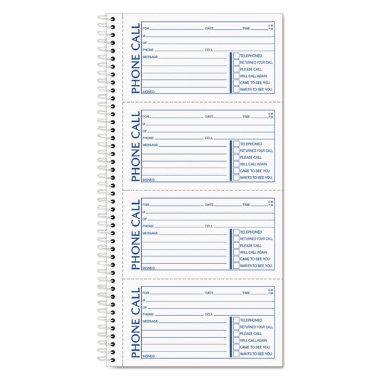 Spiralbound Message Book, Two-Part Carbonless, 5 x 2.75, 4 Forms/Sheet, 200 Forms Total