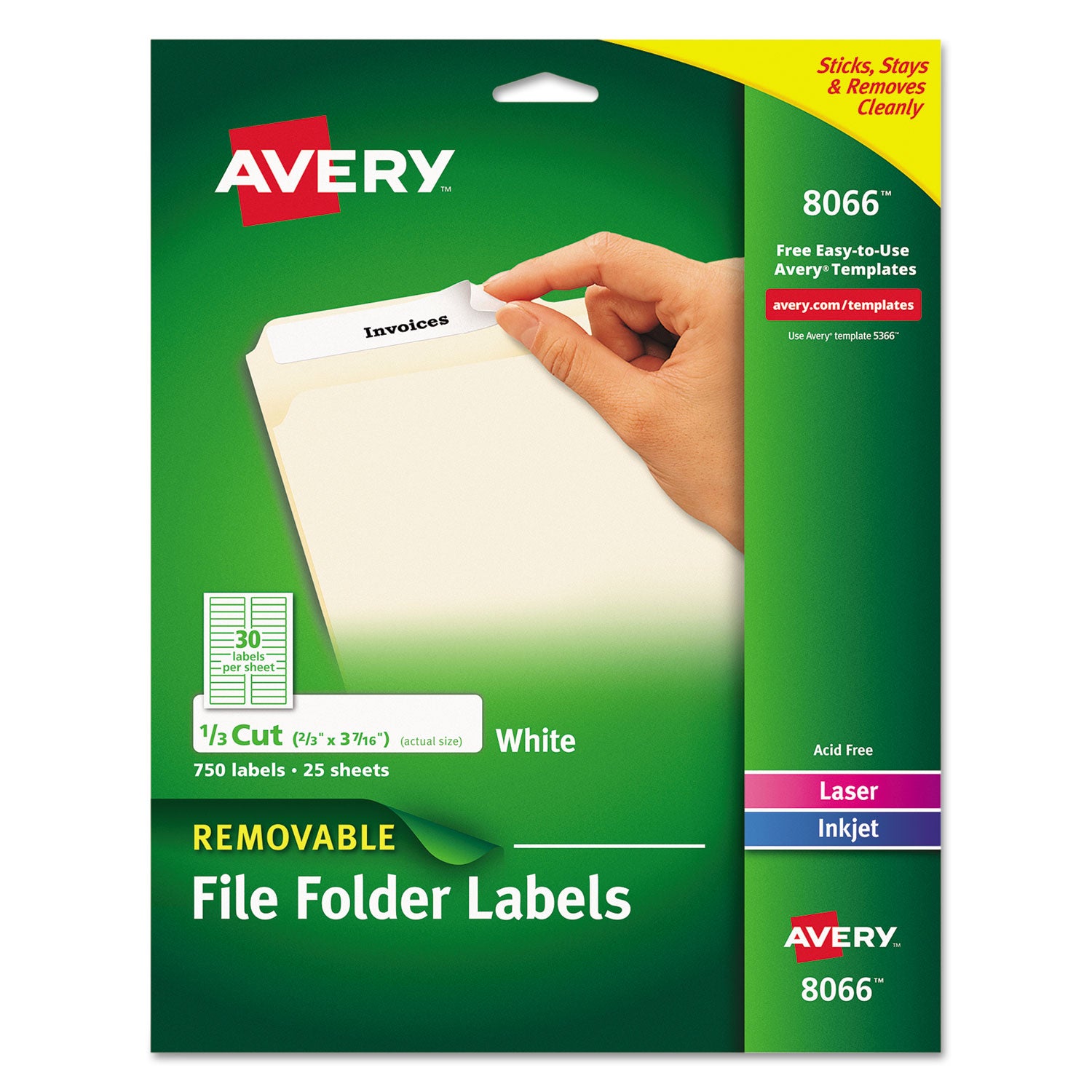 Removable File Folder Label with Sure-Feed Technology, 0.66 x 3.44, White, 30/Sheet, 25 Sheets/Pack