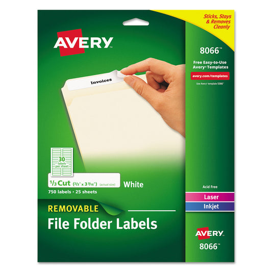 Removable File Folder Label with Sure-Feed Technology, 0.66 x 3.44, White, 30/Sheet, 25 Sheets/Pack