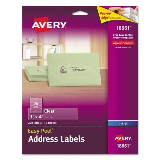 Matte Clear Easy Peel Mailing Labels W/ Sure Feed Technology, Inkjet Printers, 1 X 4, Clear, 20/sheet, 10 Sheets/pack