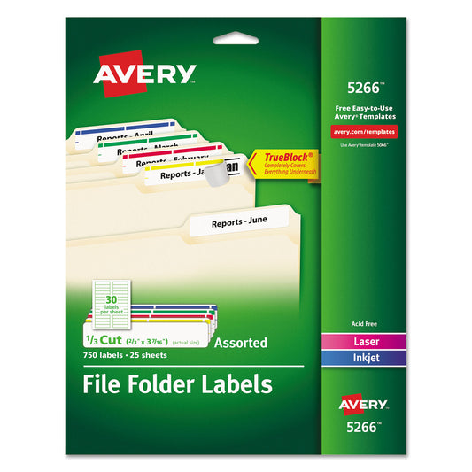 Permanent TrueBlock File Folder Label with Sure-Feed Technology, 0.66" x 3.44", White, 30/Sheet, 25 Sheets/Pack