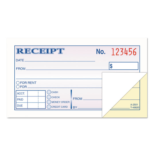 Money and Rent Receipt Books, Two-Part Carbonless, 4.78 X 2.75, 50 Forms Total