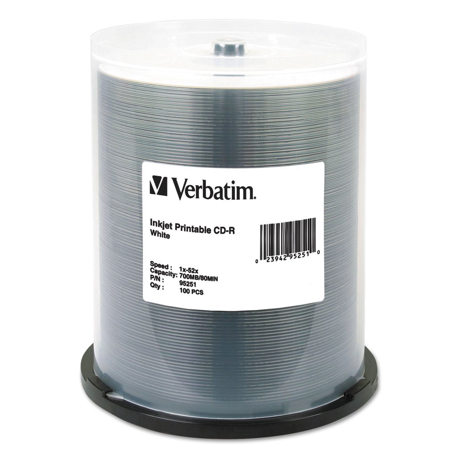 CD-R Printable Recordable Disc, 700 MB/80 Minute, 52x, Spindle, White, 100/Pack