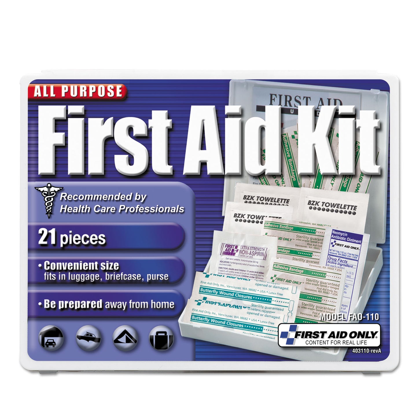 All-Purpose First Aid Kit, 21 Pieces, Plastic Case