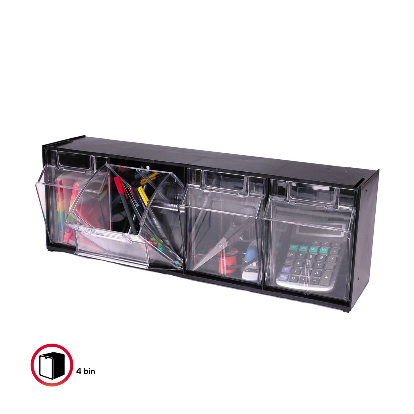 Tilt Bin Interlocking Multi-Bin Storage Organizer, 4 Sections, 23.63" X 6.63" X 8.13", Black/clear