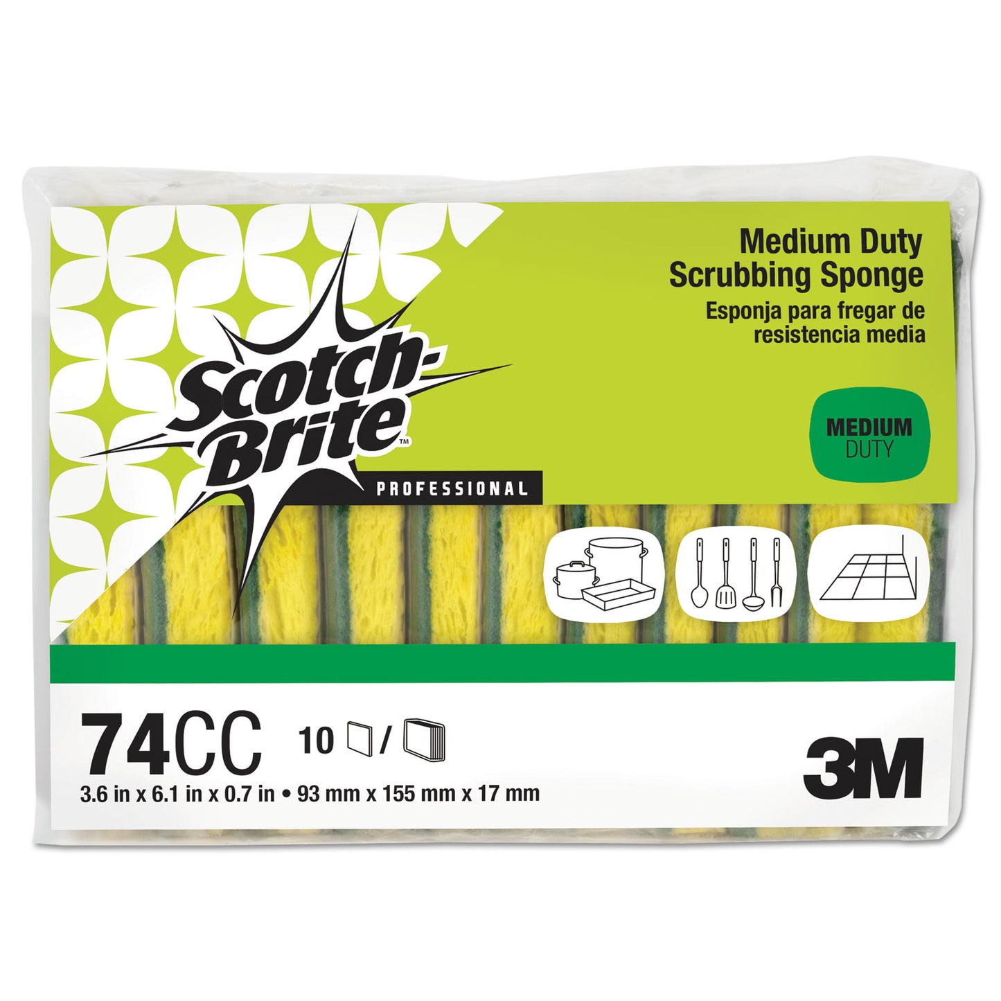 Medium-Duty Scrubbing Sponge 74, 3.6 x 6.1, 0.7" Thick, Yellow/Green, 10/Pack