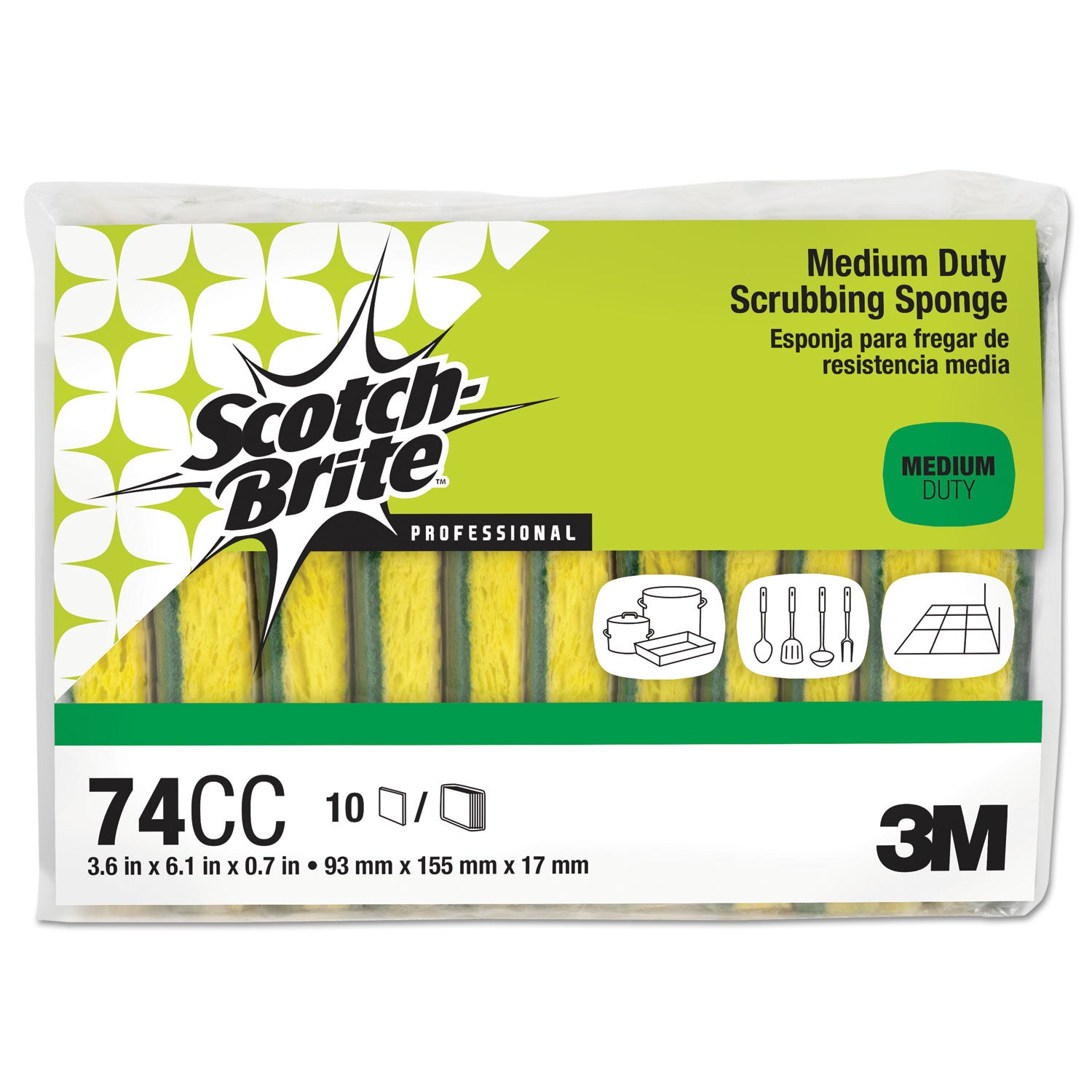 Medium-Duty Scrubbing Sponge 74, 3.6 x 6.1, 0.7" Thick, Yellow/Green, 10/Pack