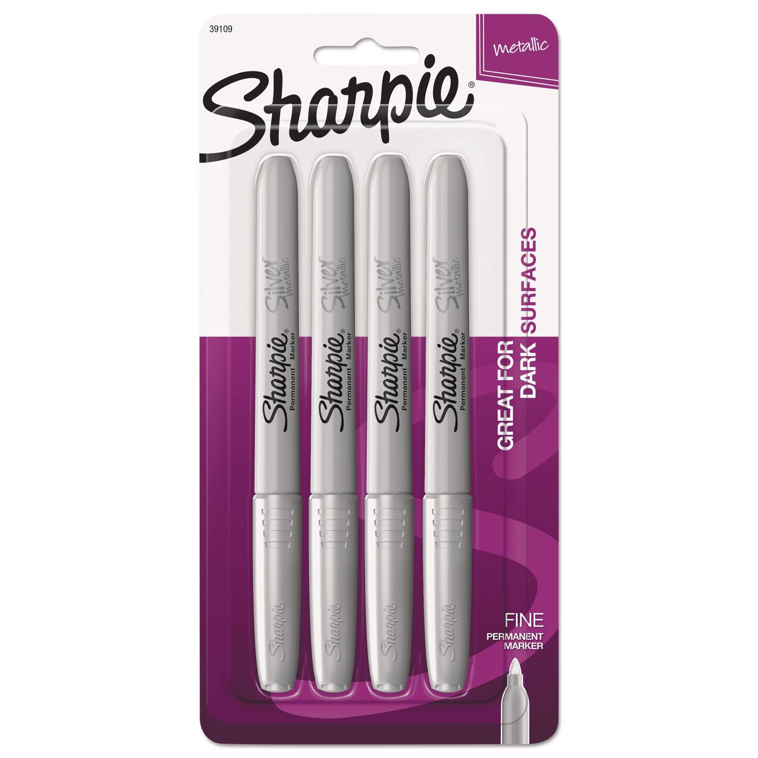 Metallic Fine Point Permanent Markers, Fine Bullet Tip, Metallic Silver, 4/pack