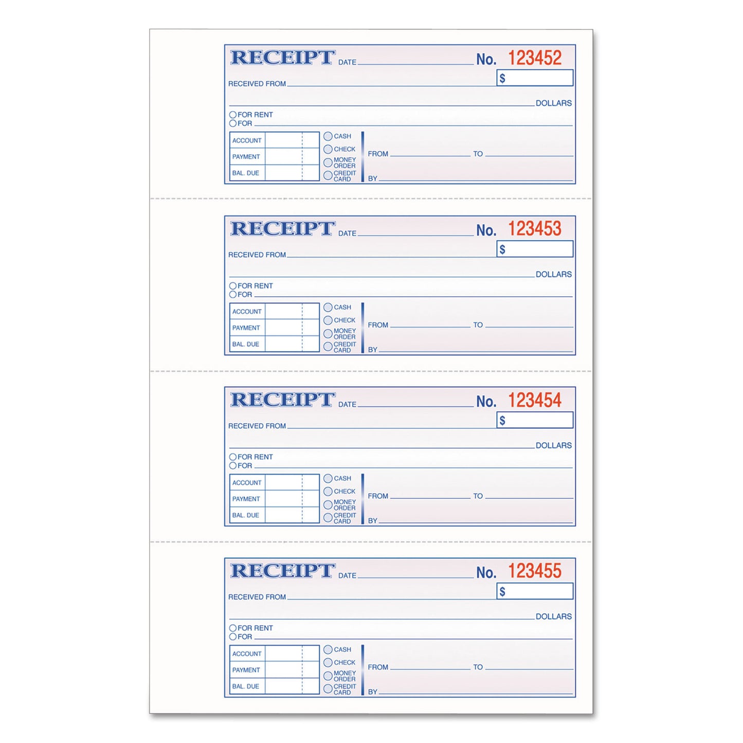 Multipart Money/Rent Receipt Book, Casebound (Hard Cover), Three-Part Carbonless, 7 x 2.75, 4 Forms/Sheet, 200 Forms Total