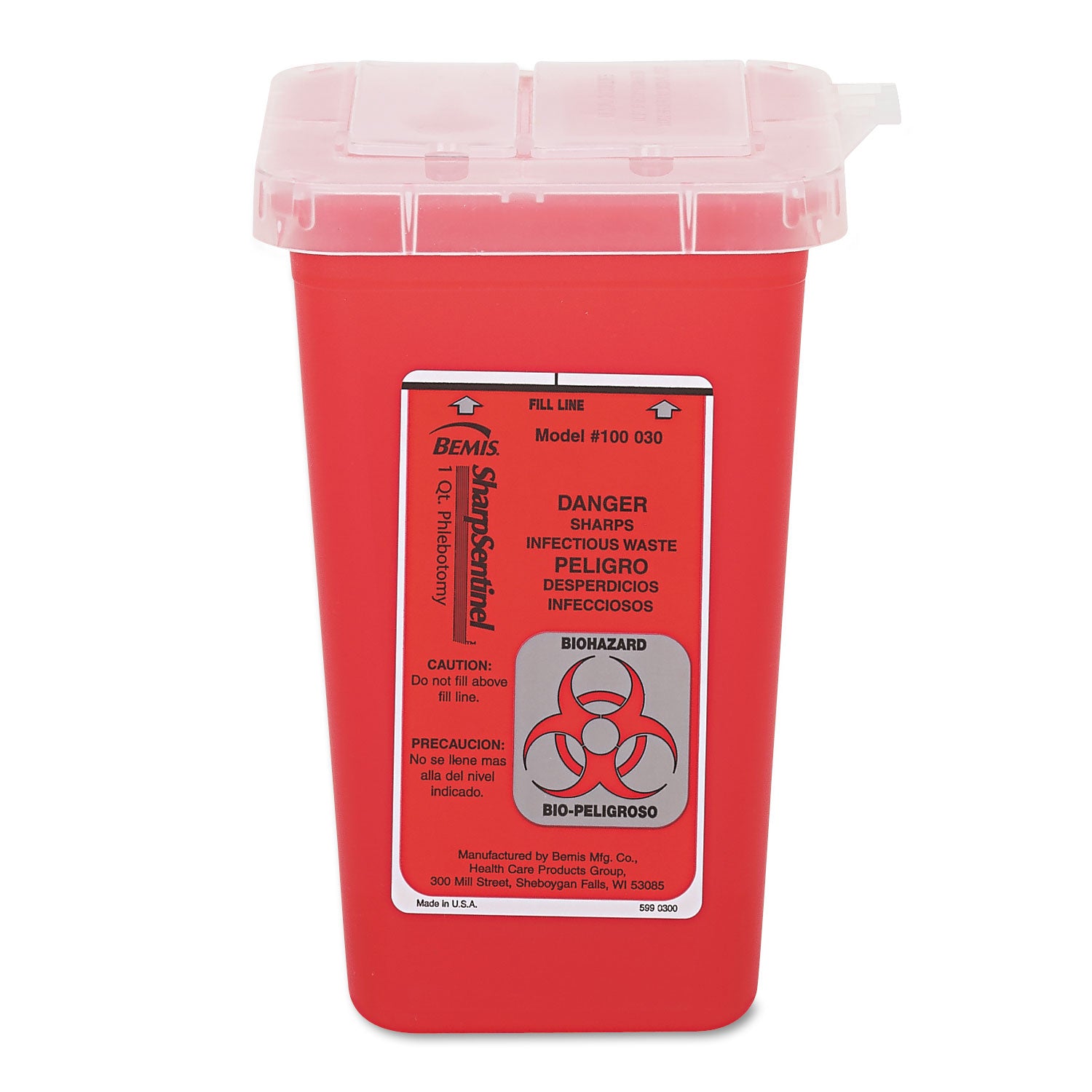 1-quart sharps container, plastic, red