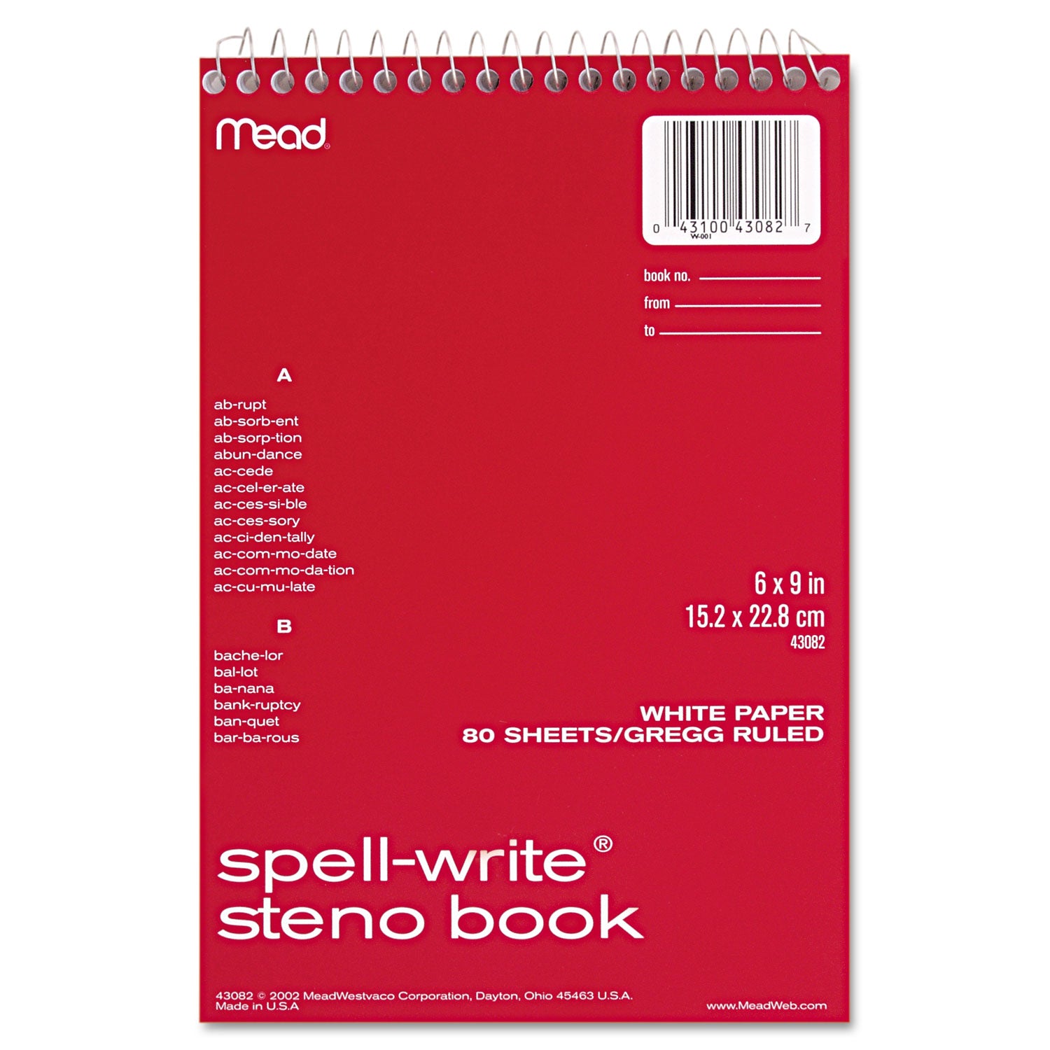 Spell-Write Wirebound Steno Pad, Randomly Assorted Cover Colors, Gregg Rule, (80) White 6 x 9 Sheets