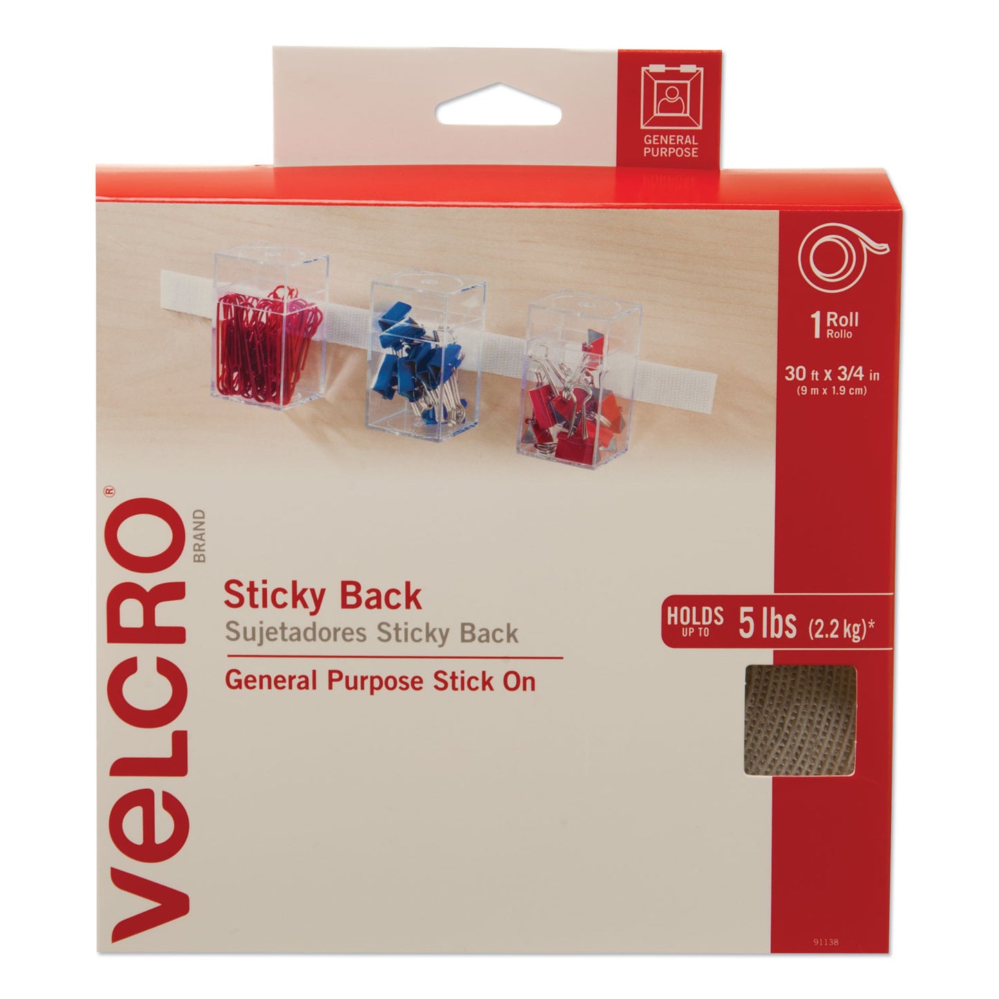 Sticky-Back Fasteners, Removable Adhesive, 0.75" X 30 Ft, White