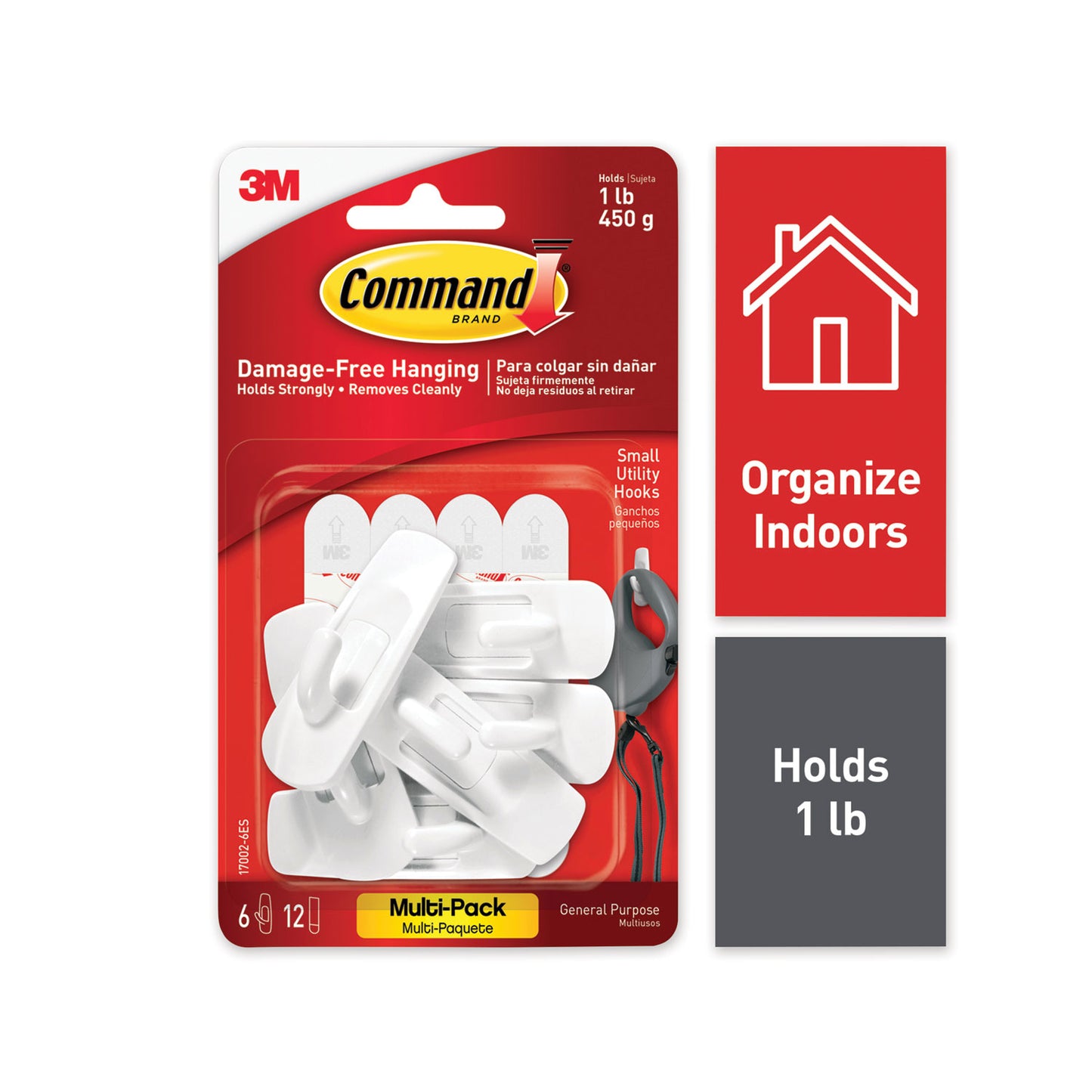Small Utility Hooks, Plastic, White, Supports 1 lb, 6/Pack