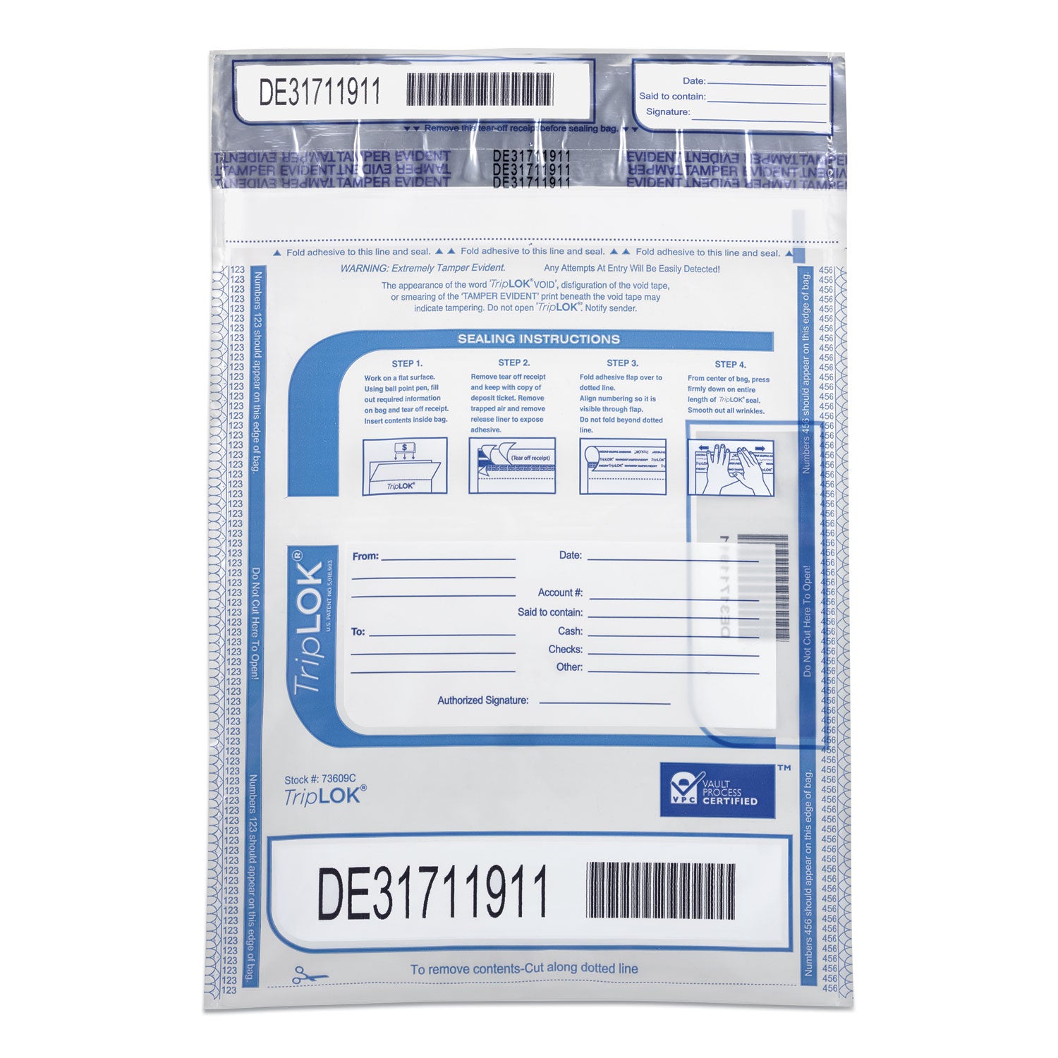 TripLOK Series A Tamper-Evident Bags, Plastic, 9" x 12", Clear, 100/Pack