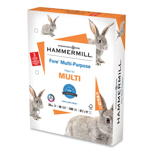 Fore Multipurpose Print Paper, 96 Bright, 3-Hole, 20 lb Bond Weight, 8.5 x 11, White, 500 Sheets/Ream