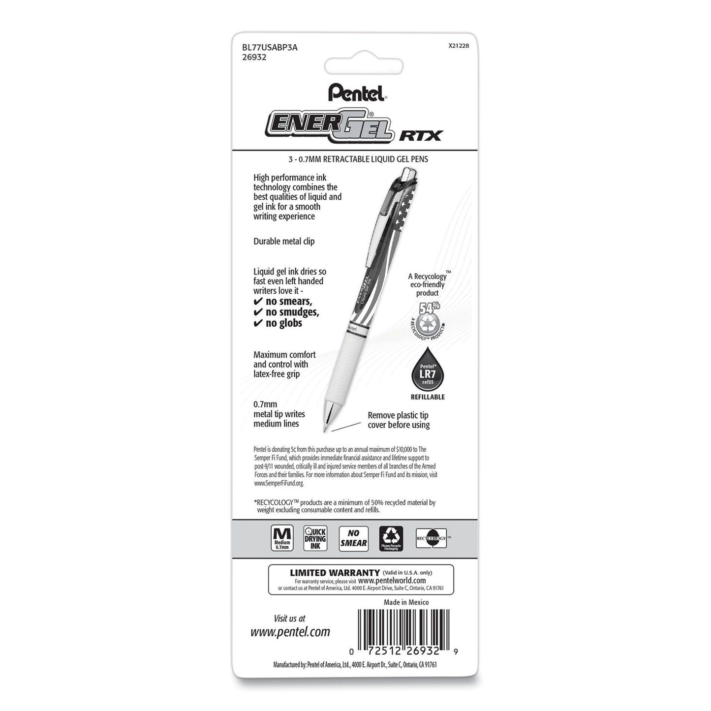 ENERGEL RTX STARS AND STRIPES GEL PEN, RETRACTABLE, MEDIUM 0.7 MM, BLACK INK, RED/WHITE/BLUE BARREL, 3/PACK