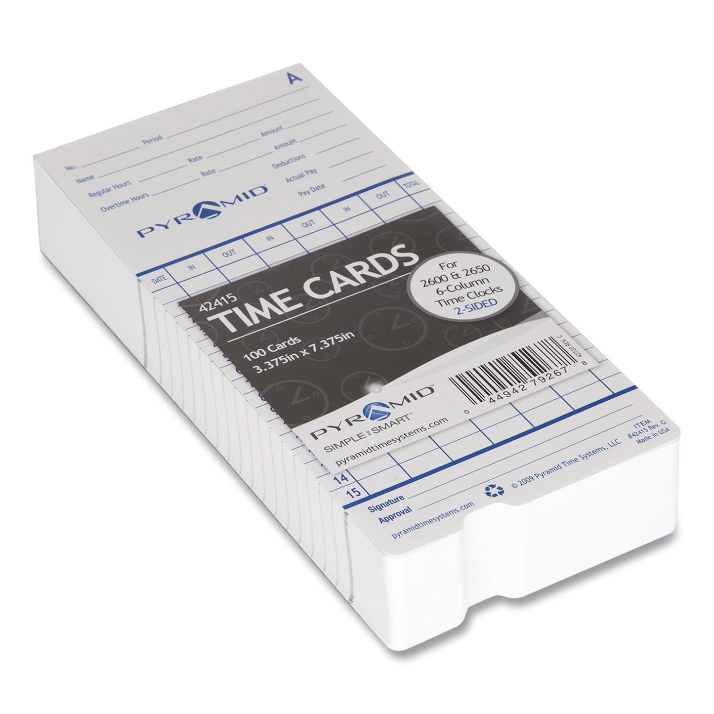 Time Clock Cards For Pyramid Technologies 2000/6000, Two Sides, 3.38 X 7.44, 100/pack