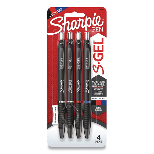 S-GEL HIGH-PERFORMANCE GEL PEN, RETRACTABLE, FINE 0.5 MM, ASSORTED INK COLORS, BLACK BARREL, 4/PACK