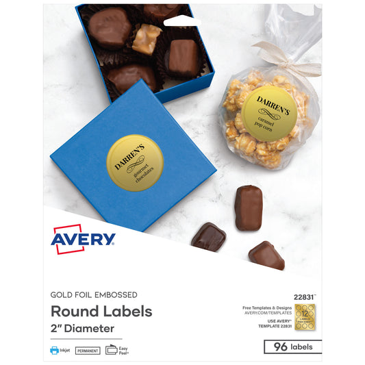 Round Labels, Inkjet Printers, 2" dia, Gold, 12/Sheet, 8 Sheets/Pack