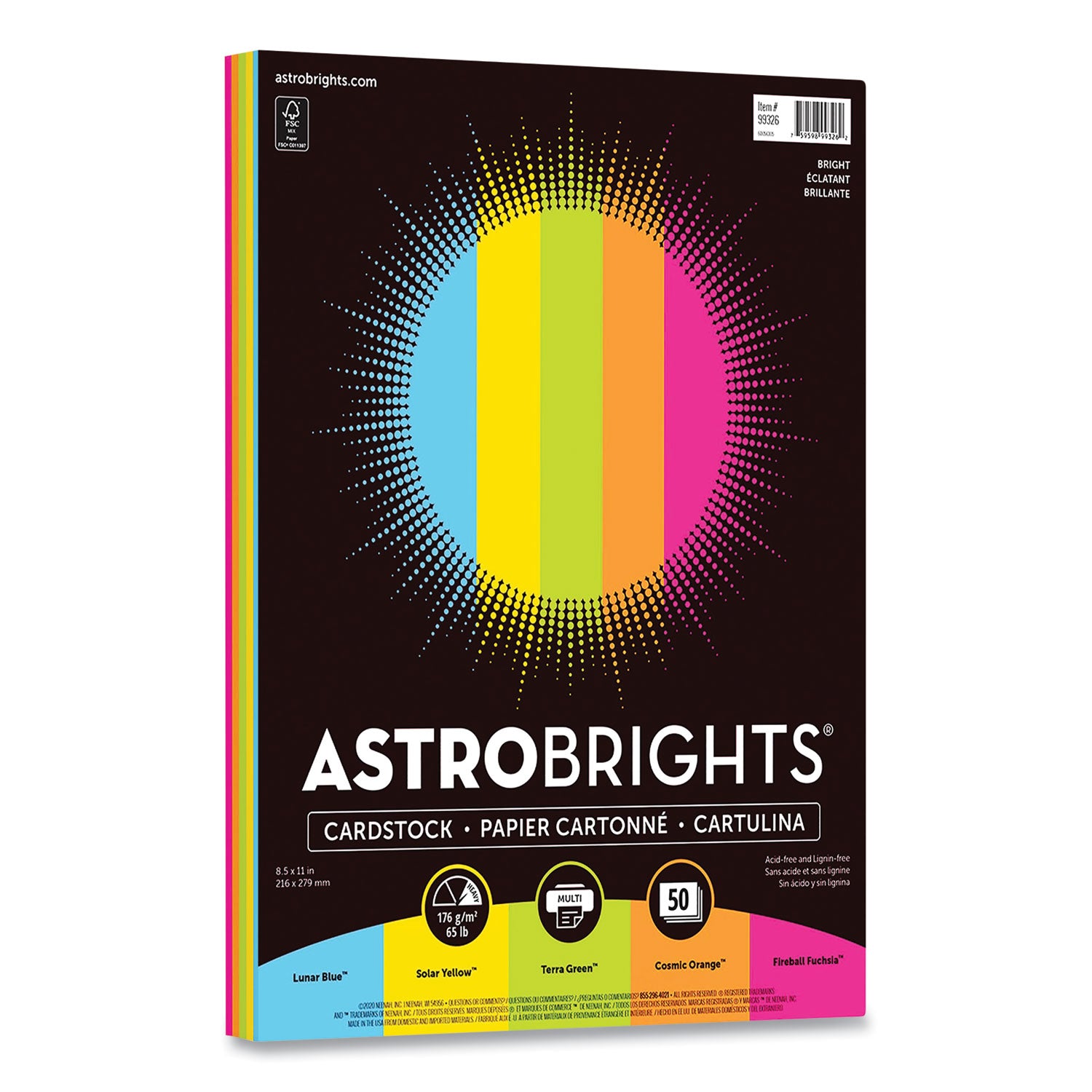 Color Cardstock, 65 lb Cover Weight, 8.5 x 11, Assorted Bright Colors, 50/Pack