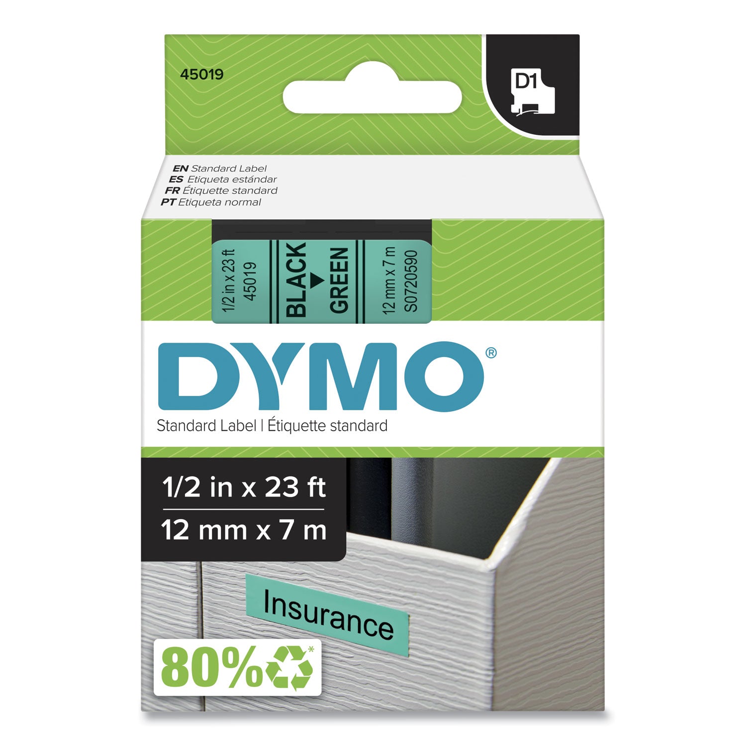 D1 High-Performance Polyester Removable Label Tape, 0.5" X 23 Ft, Black On Green