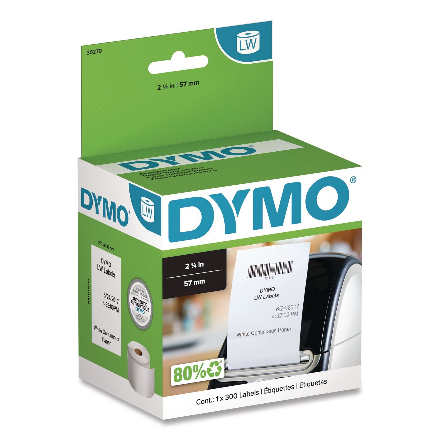 Labelwriter Continuous-Roll Receipt Paper, 2.25" X 300 Ft, White