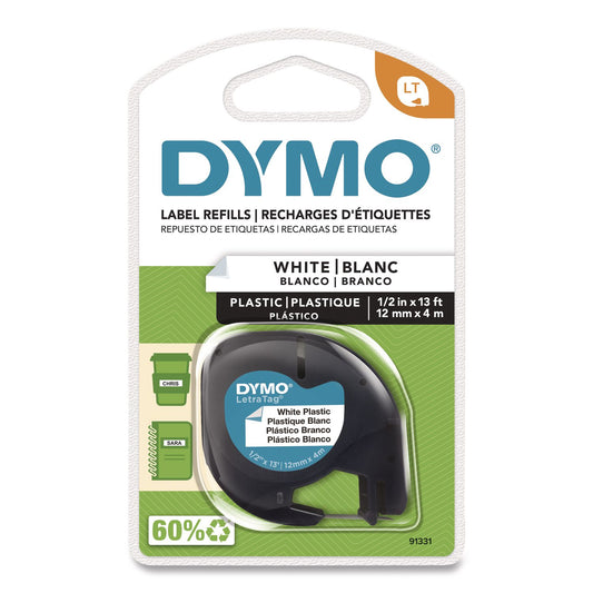 Letratag Plastic Label Tape Cassette, 0.5" X 13 Ft, White