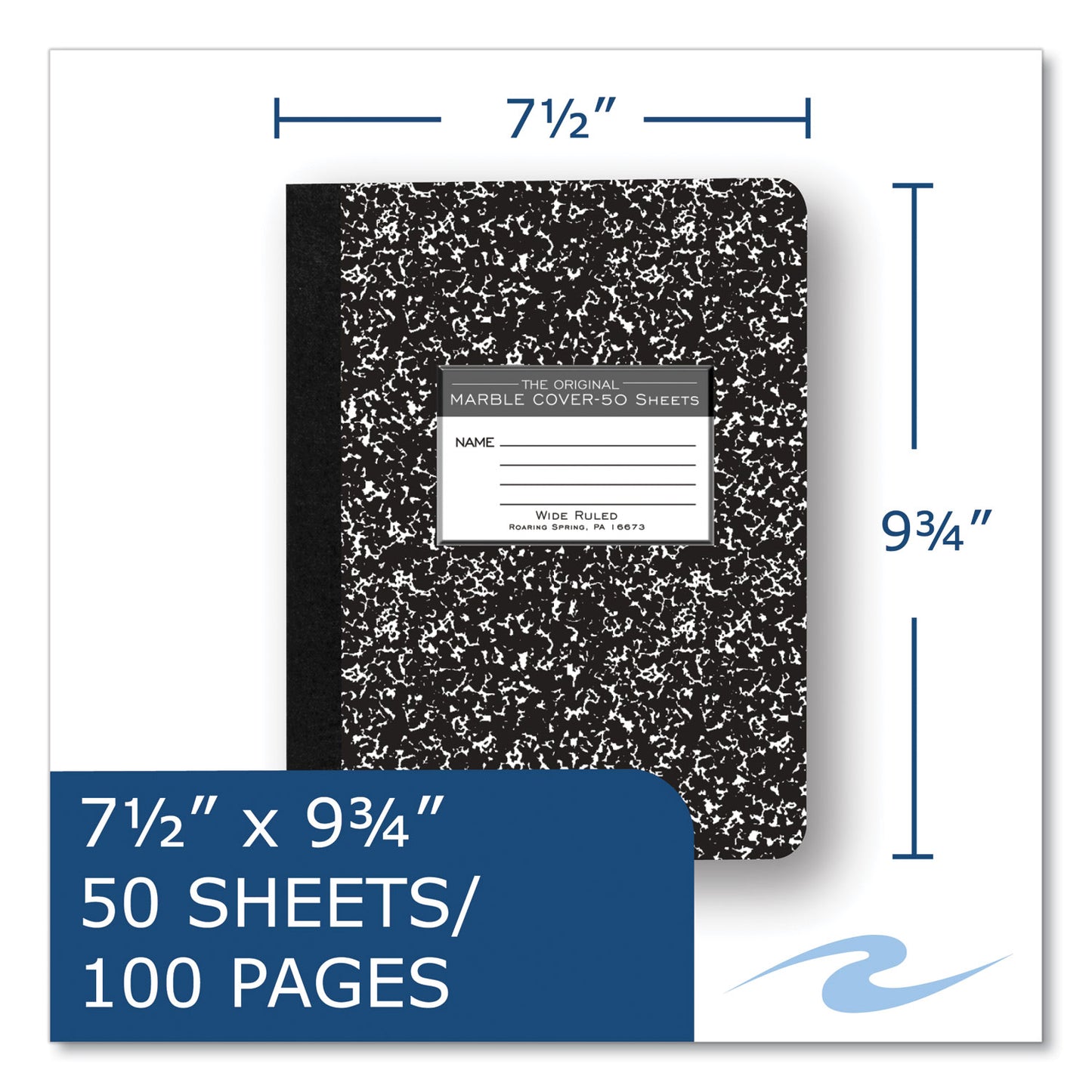 Marble Cover Composition Book, Wide/Legal Rule, Black Marble Cover, (50) 9.75 x 7.5 Sheets