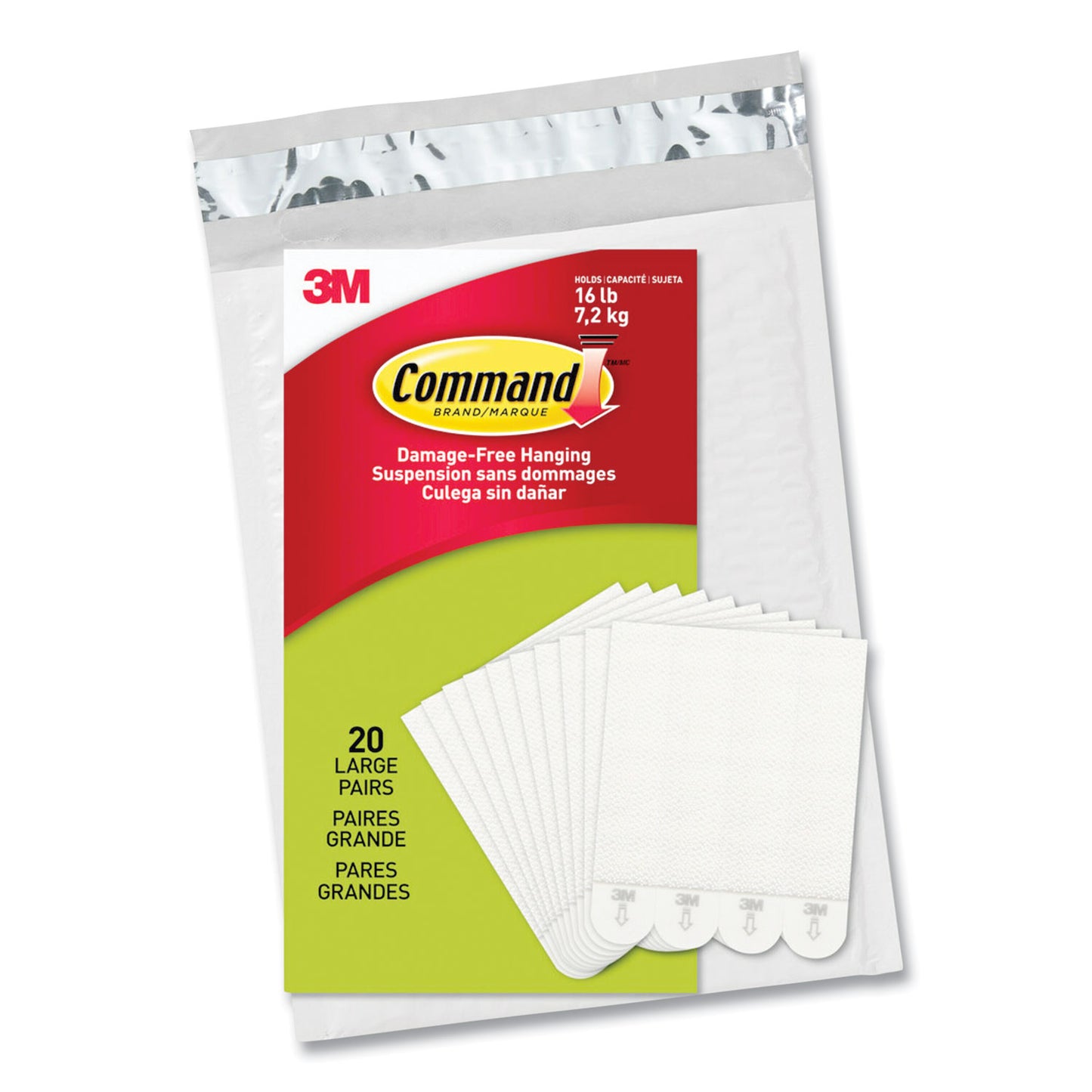 Damage-Free Hanging Picture Hanging Strip Pairs, Holds Up to 3.75 lb, Large: 0.75" x 3.65", White, 20/Pack
