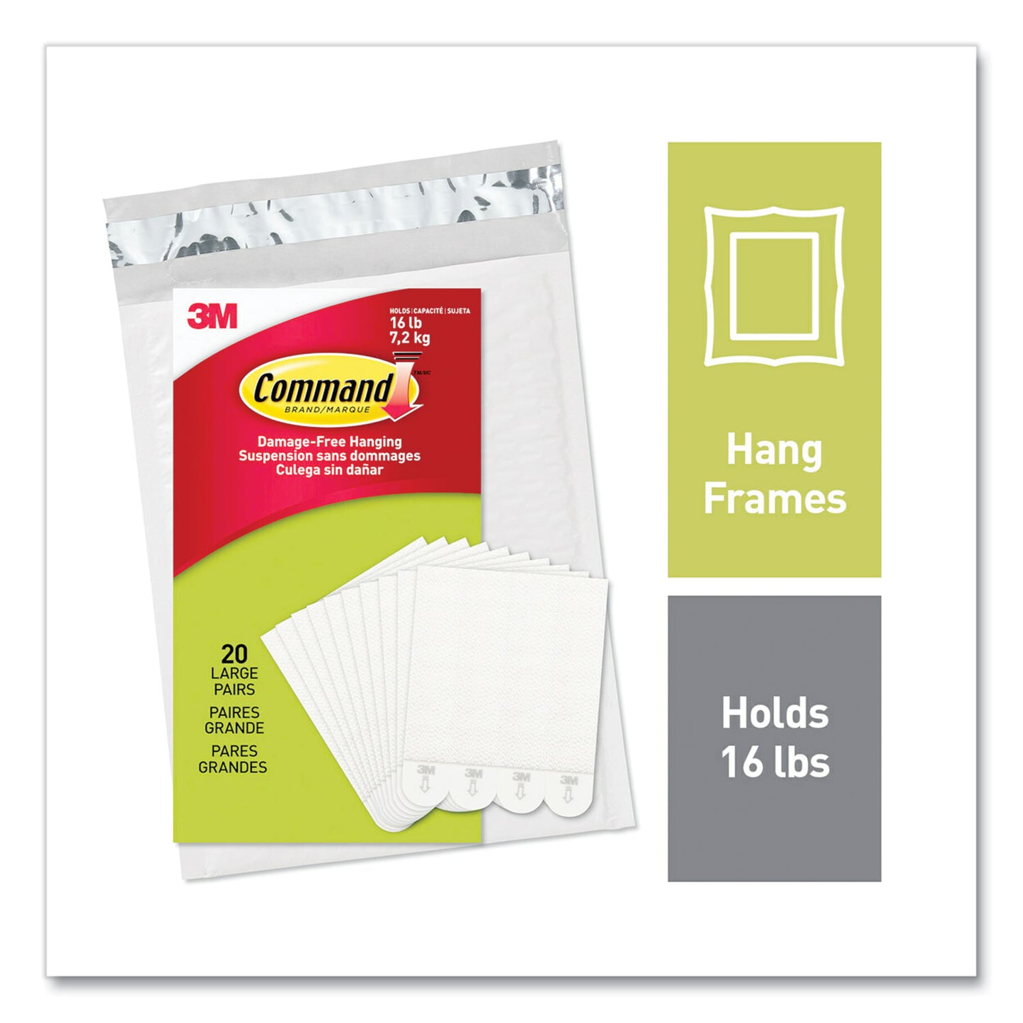 Damage-Free Hanging Picture Hanging Strip Pairs, Holds Up to 3.75 lb, Large: 0.75" x 3.65", White, 20/Pack