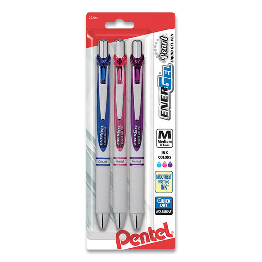 EnerGel Pearl Deluxe RTX Gel Pen, Retractable, Medium 0.7 mm, Assorted Ink and Barrel Colors, 3/Pack