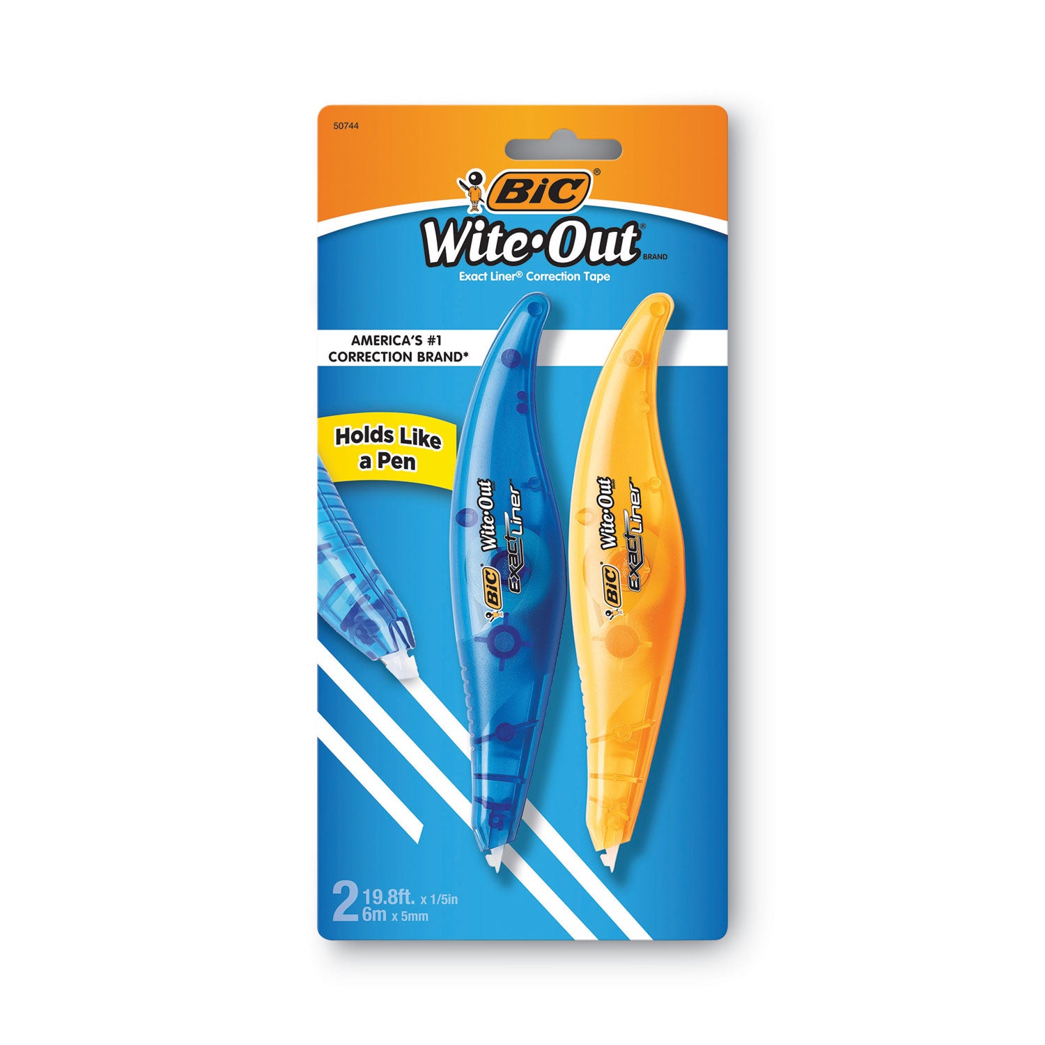 Wite-Out Brand Exact Liner Correction Tape, Non-Refillable, 0.2" x 19.67 ft, White Tape, Assorted Dispenser Colors, 2/Pack