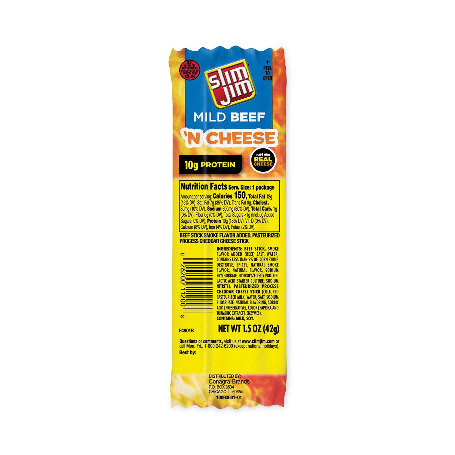 Beef and Cheese Meat Sticks, 1.5 oz Pack, 18/Carton