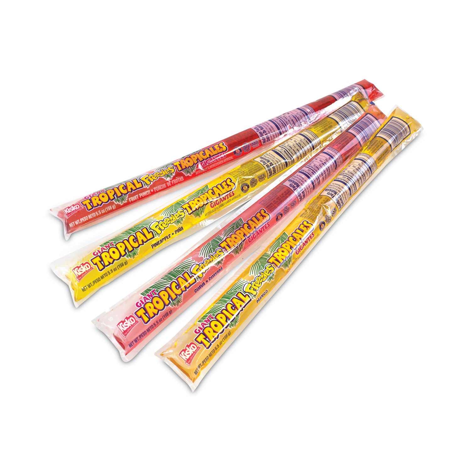 Giant Tropical Freezies Ice Pops, Fruit Punch, Guava, Mango, Pineapple, 5.5 oz Tube, 50/Carton