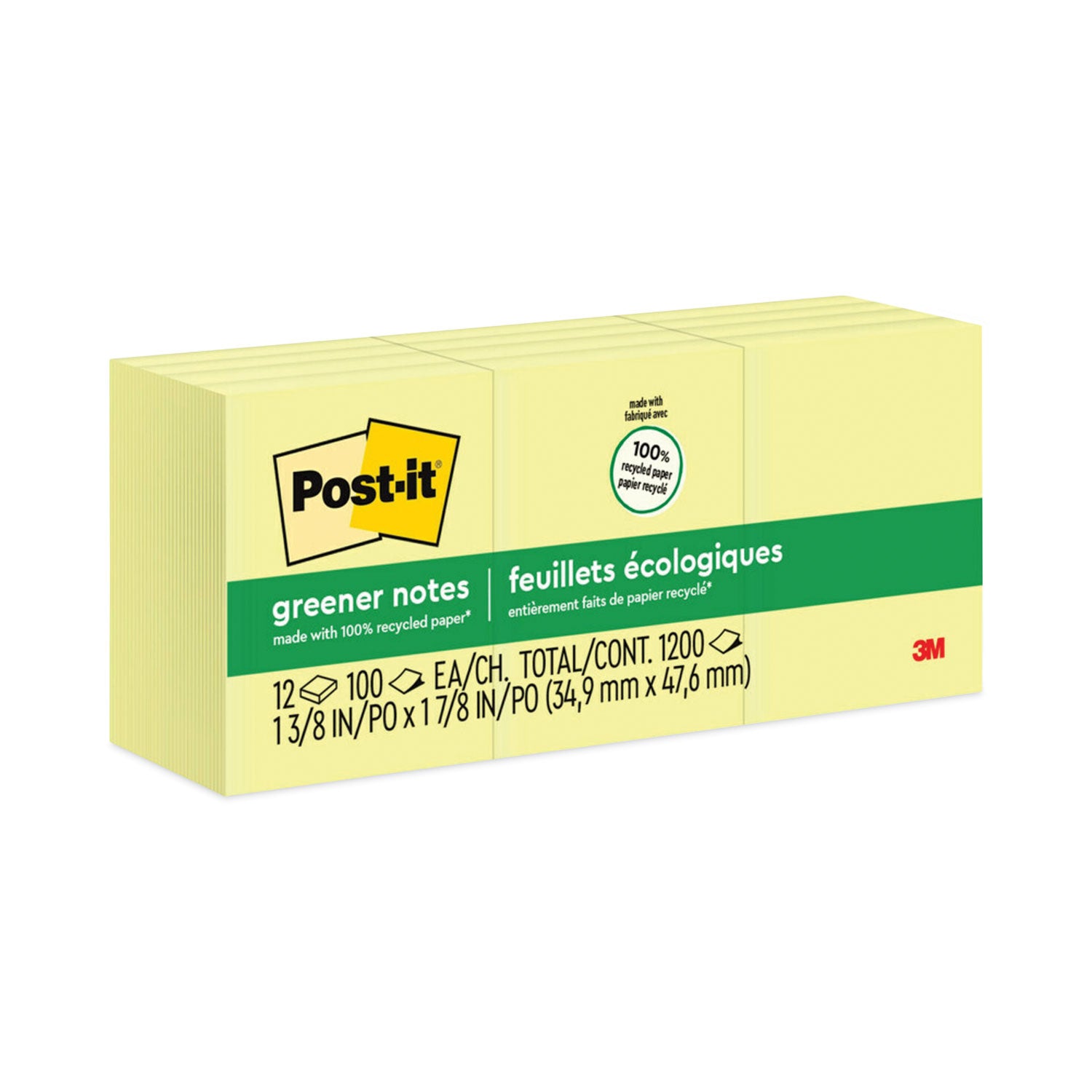 Original Recycled Note Pads, 1.5" x 2", Canary Yellow, 100 Sheets/Pad, 12 Pads/Pack
