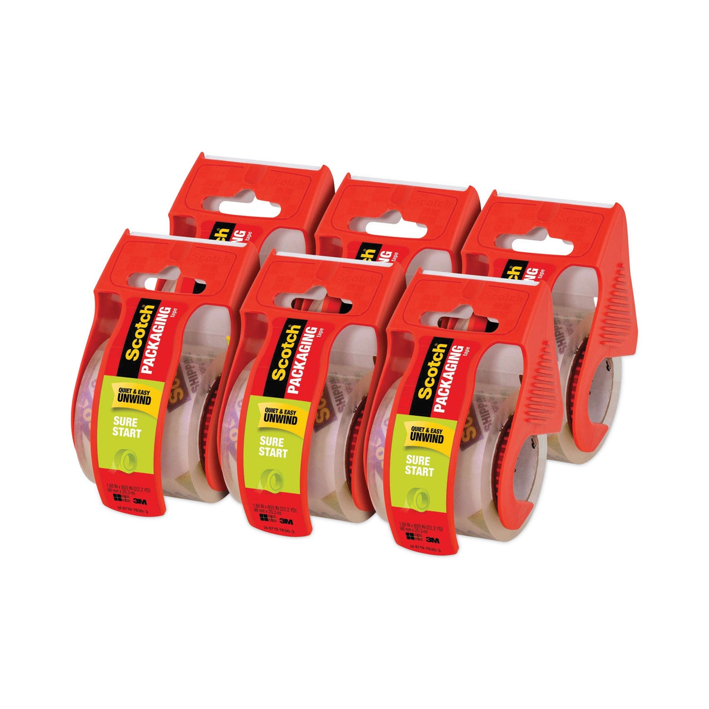 Sure Start Packaging Tape with Dispenser, 1.5" Core, 1.88" x 22.2 yds, Clear, Gloss Finish, 6/Pack