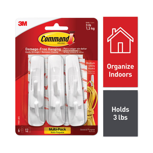 Medium Utility Hooks, Plastic, White, Supports 3 lb, 6/Pack