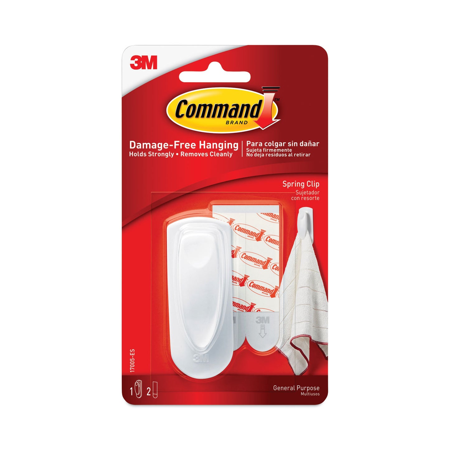 Spring Hook, Plastic, White, 0.25 lb Capacity, 1 Hook and 2 Strips/Pack
