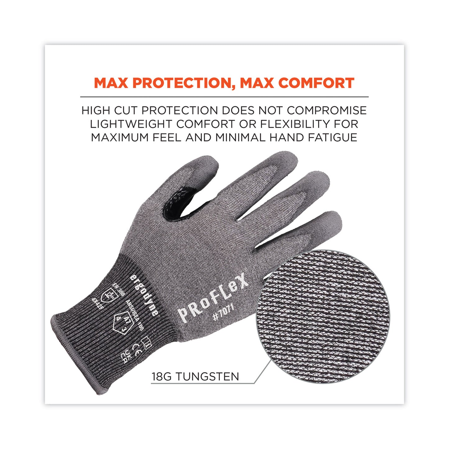 ProFlex 7071 ANSI A7 PU Coated CR Gloves, EN388: 4X42F, 9" Long, XX-Large, Gray, 12 Pairs