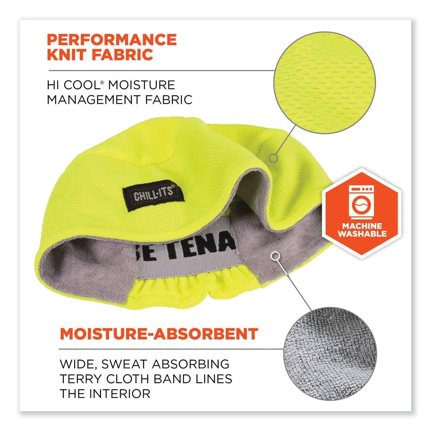 Chill-Its 6630 High-Performance Terry Cloth Skull Cap, Polyester, One Size Fits Most, Lime