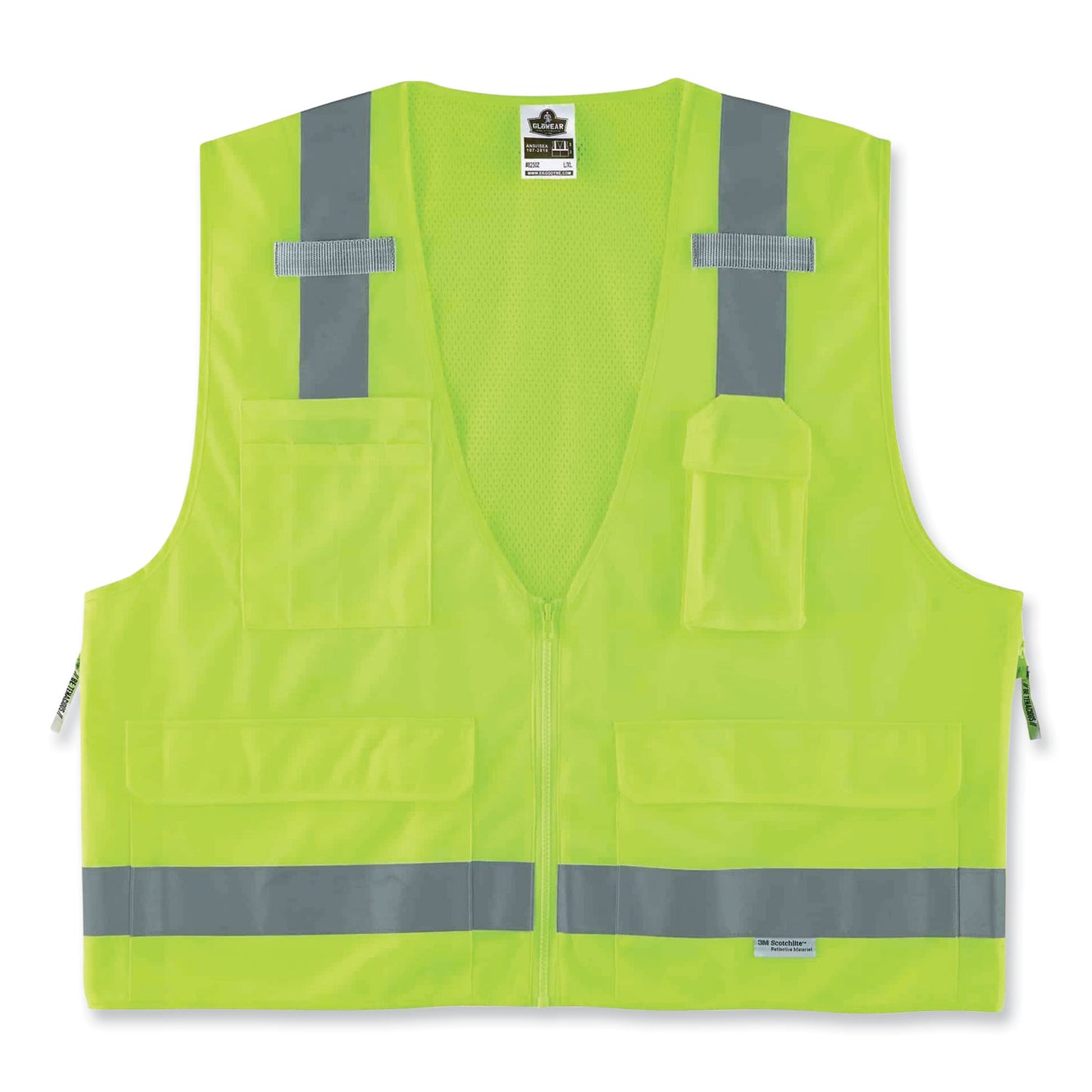 GloWear 8250Z Class 2 Surveyors Zipper Vest, Polyester, Small/Medium, Lime