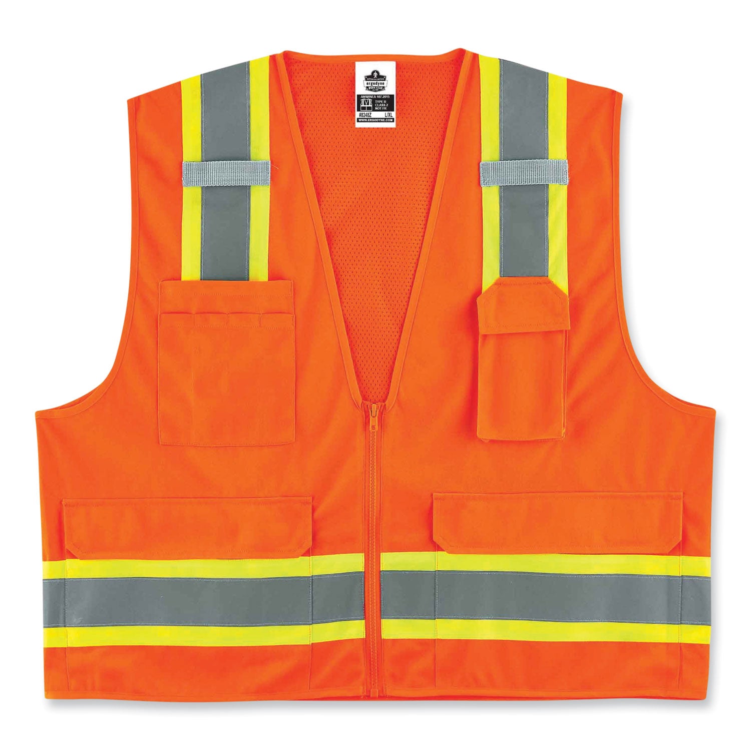 GloWear 8248Z Class 2 Two-Tone Surveyors Zipper Vest, Polyester, Large/X-Large, Orange