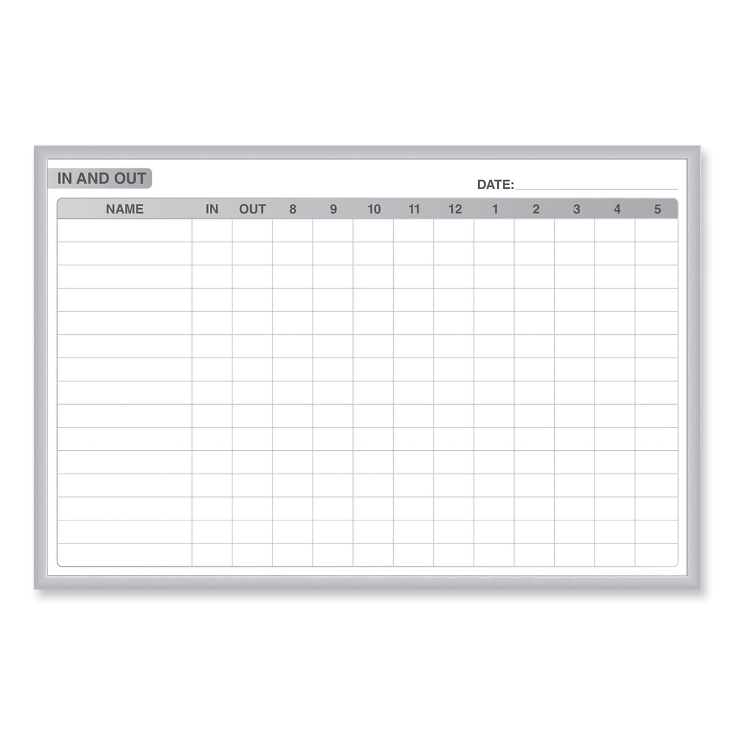 In/Out Magnetic Whiteboard, Personnel In/Out Tracking Chart, 48.5" x 36.5", White/Gray Surface, Satin Aluminum Frame