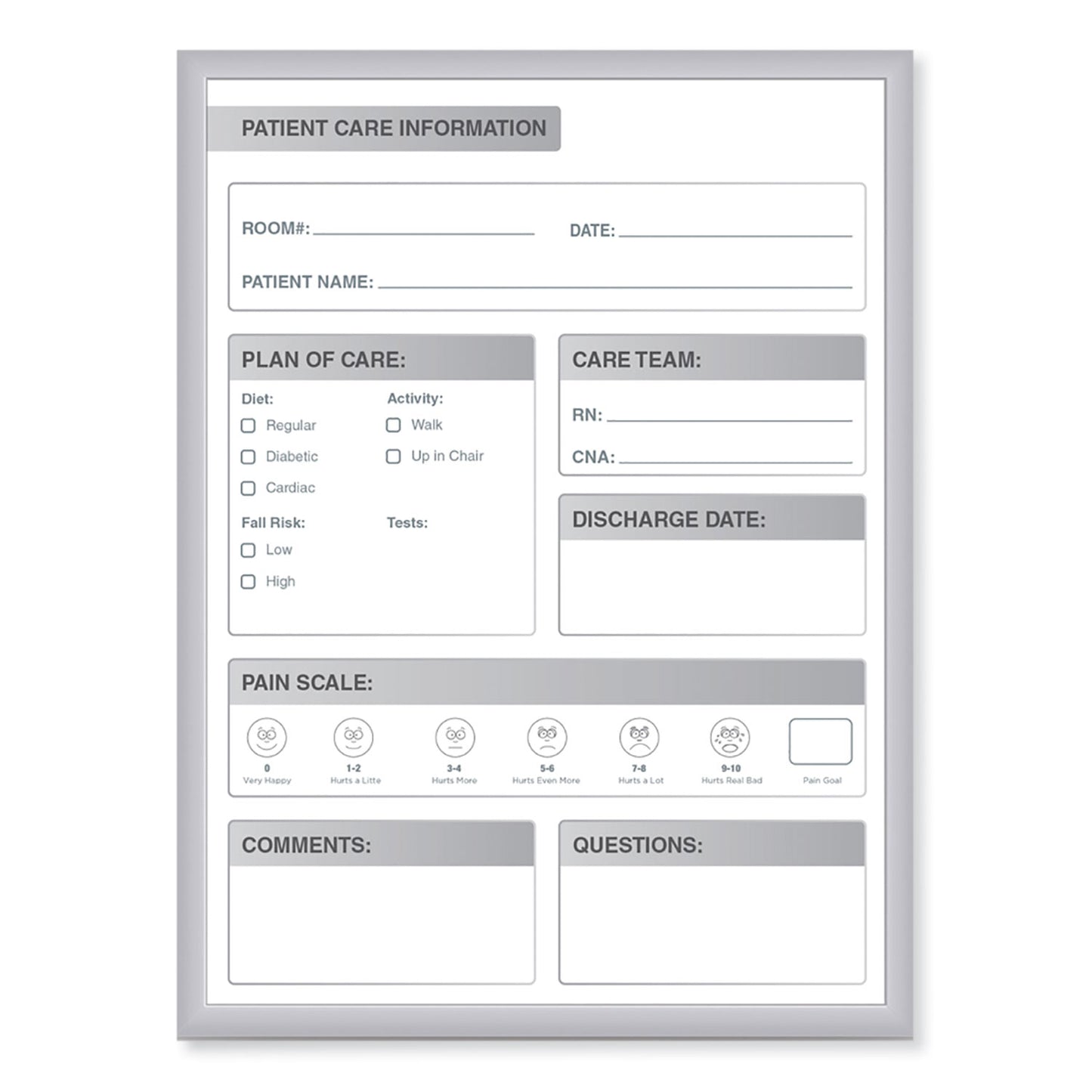 Patient Room Magnetic Whiteboard, Hospital Patient Chart, 18.5" x 24.5", White/Gray Surface, Satin Aluminum Frame