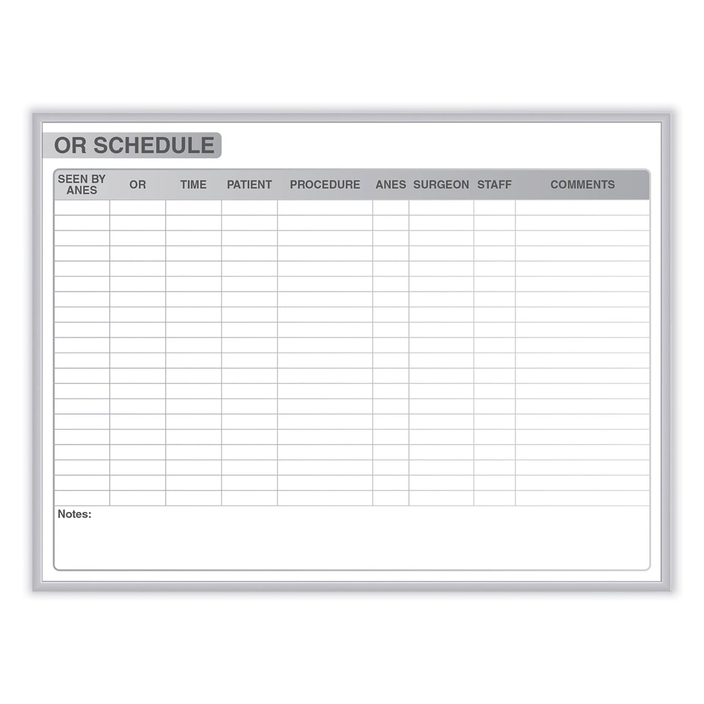 OR Schedule Magnetic Whiteboard, Operating Room Scheduling Chart, 48.5" x 36.5", White/Gray Surface, Satin Aluminum Frame