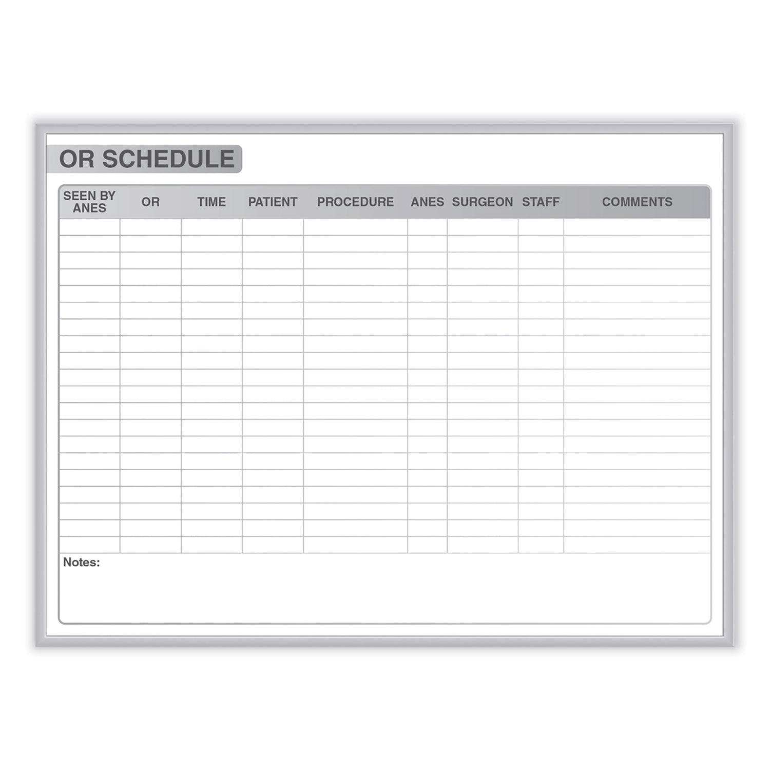 OR Schedule Magnetic Whiteboard, Operating Room Scheduling Chart, 48.5" x 36.5", White/Gray Surface, Satin Aluminum Frame
