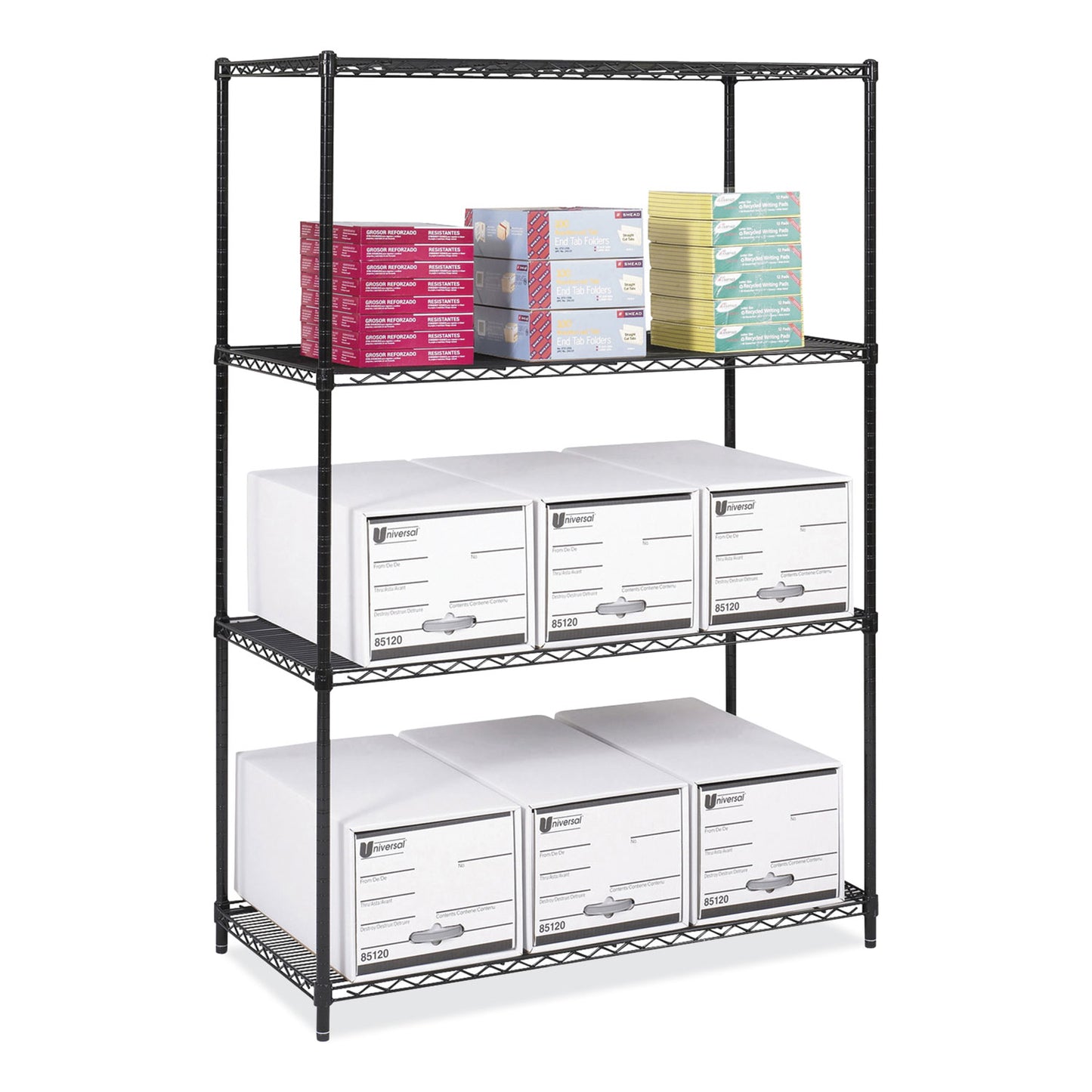 Industrial Wire Shelving, Four-Shelf, 48w x 24d x 72h, Black